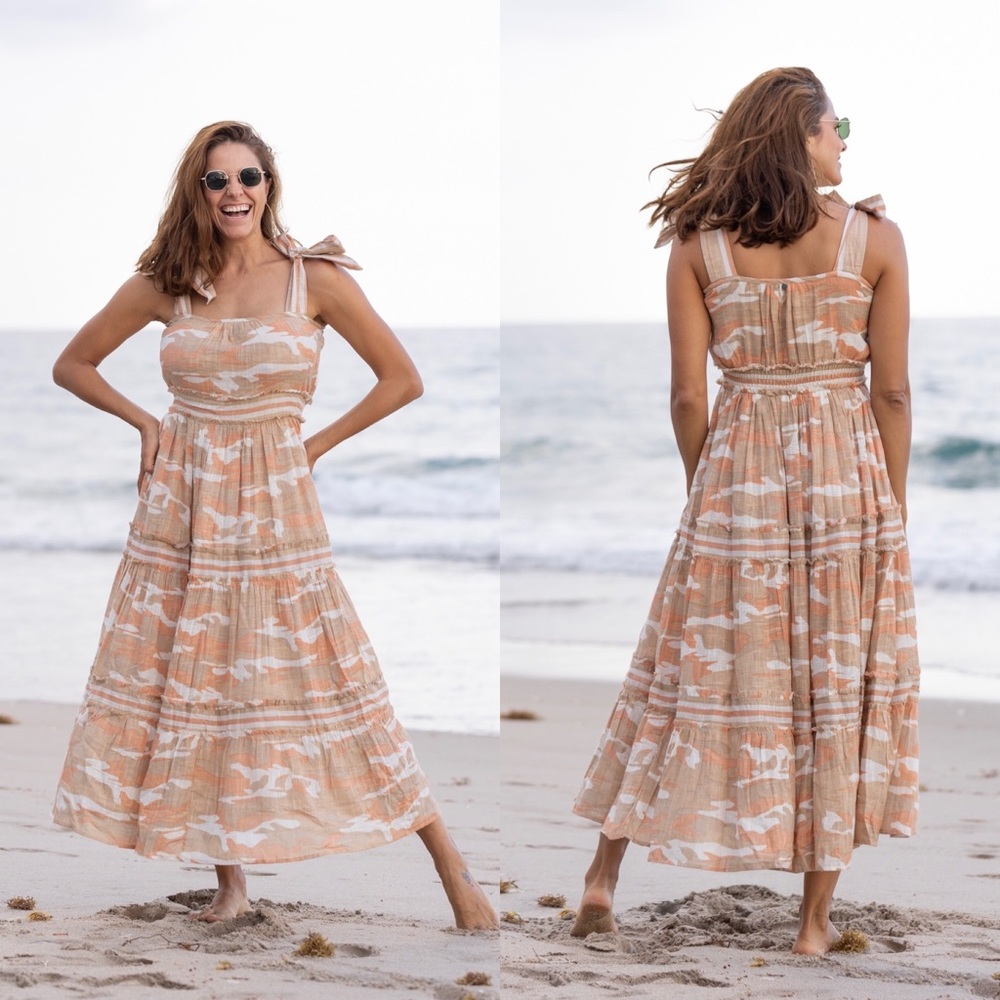 Summer Maxi Dress in a soft Camouflage print and adjustable ribbons straps